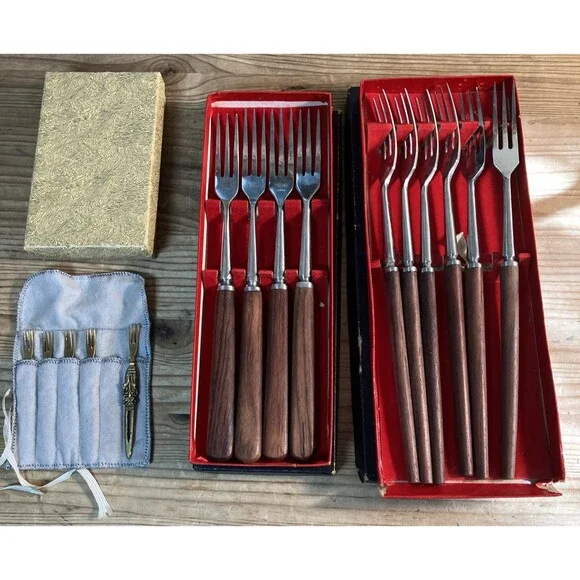 VTG Decorative Fork Lot - Long Wood Handles Japan - Small Gold Tone Set In Boxes