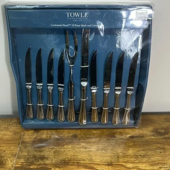 Towle Silversmiths Continental Bead 10 pc Steak + Carving Set NEW in box 5020379