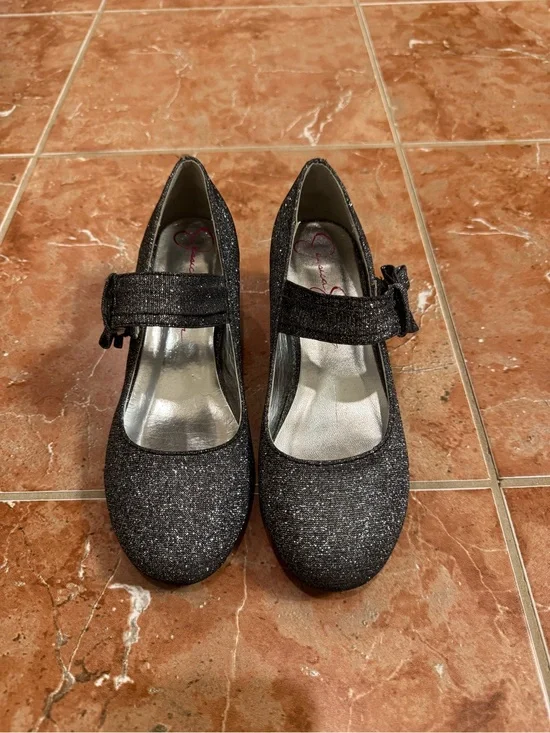 Jessica Simpson Girls Black Glitter Mary Jane Block Heel Dress Shoes Bow Size 3