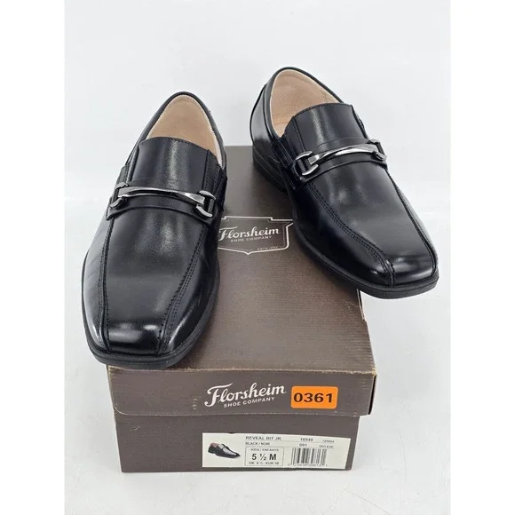 Florsheim Reveal Bit Jr. Loafers Boys 5.5M Black Leather Dress Shoes -New