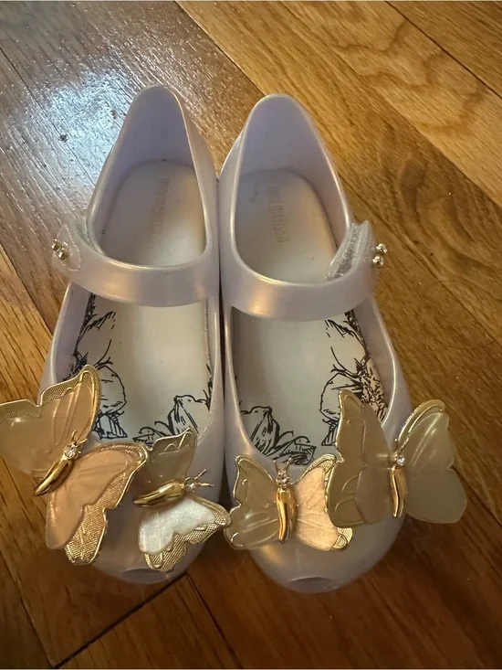 Mini Melissa Girls Pink Jelly Mary Janes with Gold Butterfly Detail