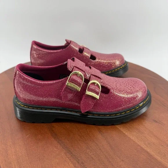 Dr. Martens 8065 J Mary Jane Pink Glitter Double Buckle School Shoes Size Kids 3