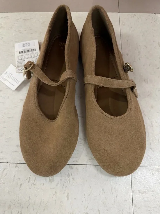 ZARA Leather Mary Jane Ballet Flats – Suede Beige – Size EU 38 / US 7.5