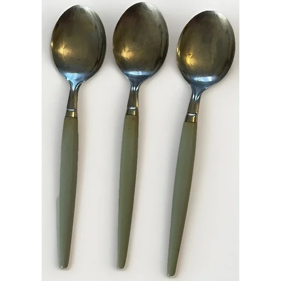 Vintage Castle Stainless Flatware Green Handle MCM 3 Teaspoons‎