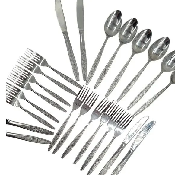 Eldan ELD18 Stainless Flatware Set Japan Roses Textured 24 Pc Tableware