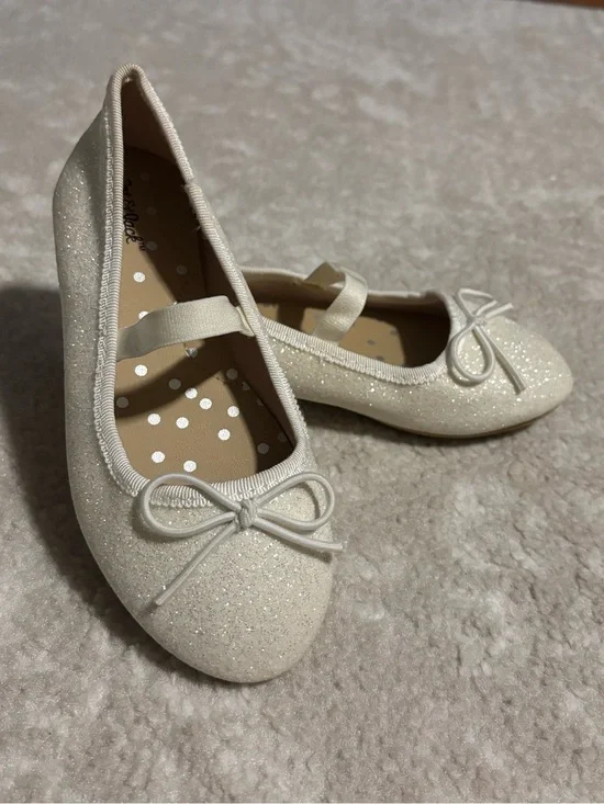 Sparkly White Ivory Mary Jane Ballet Flats w/ Bow Kid Girl Shoe Size 10 LIKE NEW
