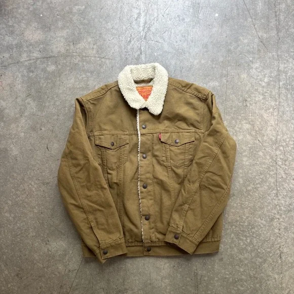 Olive Levi's Denim Type 3 Trucker Jean Jacket Size Medium Sherpa Lined
