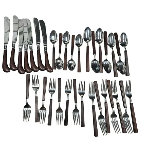 Vintage EKCO ETERNA Rare Shape Brown Faux Wood Handle Flatware‎ Forks 34 Pieces
