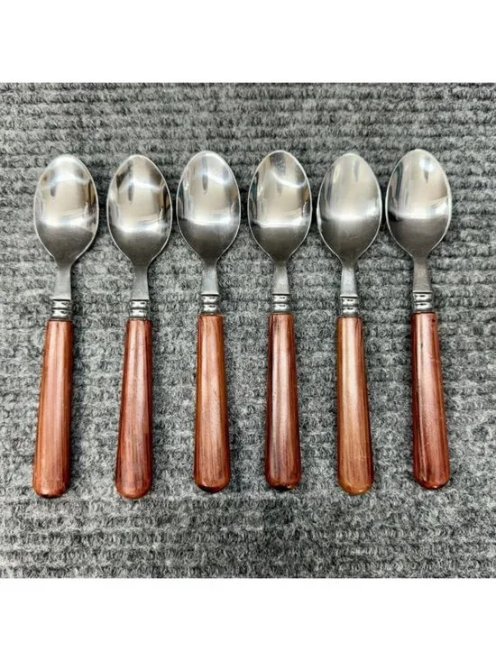 Faberware Silverware Lot Of 6 Spoons Teaspoon Faux Wood Brown Handle Vintage