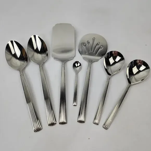 Lenox Stainless Flatware 18/10 Kennedy Serving Set 7pc Grooved Handle Glossy