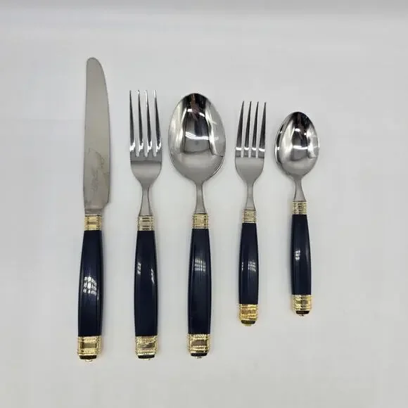 VTG Laslo Mikasa Continental-Navy Gold Stainless Flatware 5 Piece Place Setting