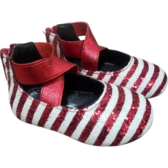 NEW‎ A Bear Co Toddler Size 3 Red White Stripe Glitter Ballerina Flat Christmas