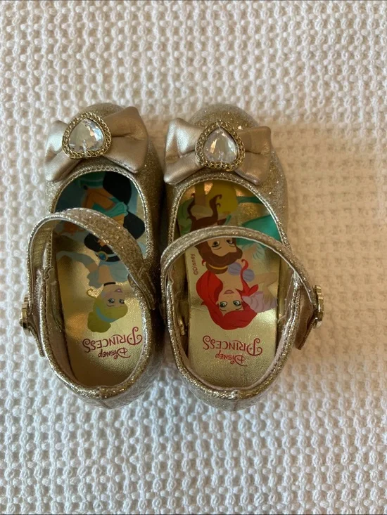 Disney Girls Gold Glitter Bow Dress Shoes with Jewel Accent