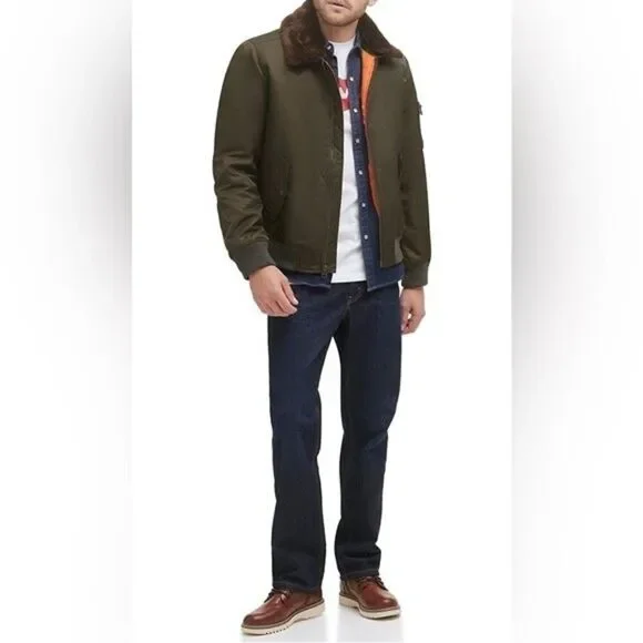 LEVI'S Men's Flight Bomber Jacket with a Faux Fur Removable Collar army green S