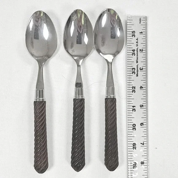 Set of 3 Stainless Steel Tablespoons Brown Spiral Twist Textured Handle 8 Inch