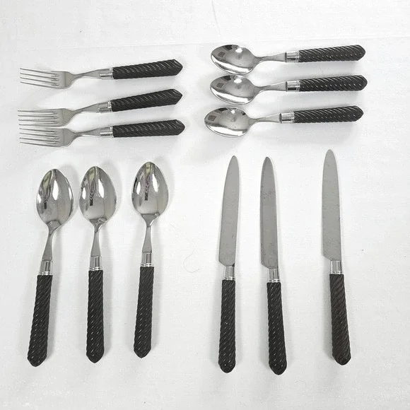 12pc Stainless Flatware Set Twisted Rope Handle Brown Black Thailand 3 Place Set