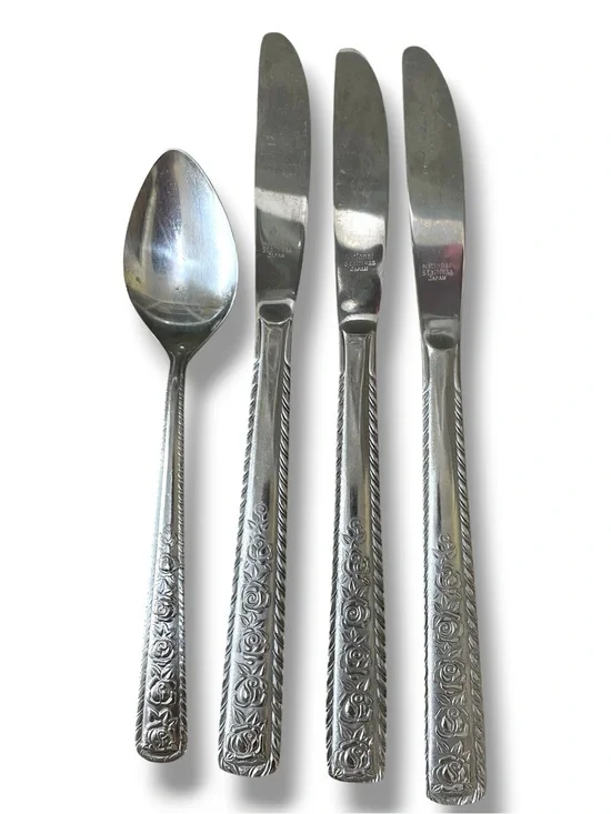 Vintage Japanese flatware, three knives, 1 teaspoon, pattern unknown