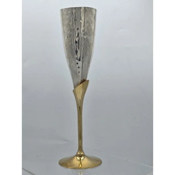 Engraved Brass Goblet Champagne Glass Flute‎ - Silver And Gold Tone