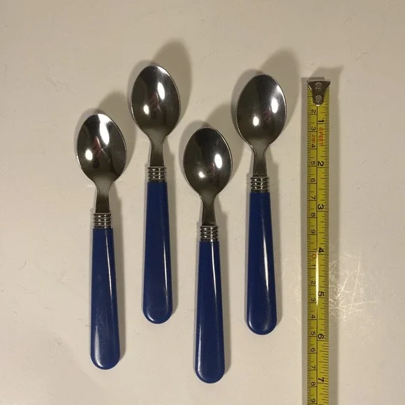 Bright Handle Silverware Spoons Blue Stainless Steel 6 inches Lot Of 4