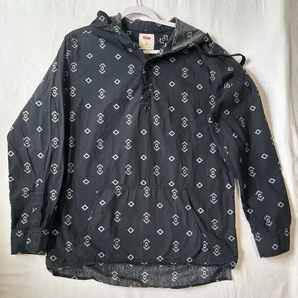 Levi's Men's Black Geometric Print Long Sleeve Pullover Hooded Shirt