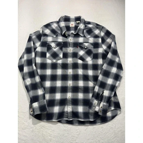 Levis Shirt Mens XL Blue Plaid Flannel Western Pearl Snap Long Sleeve Casual