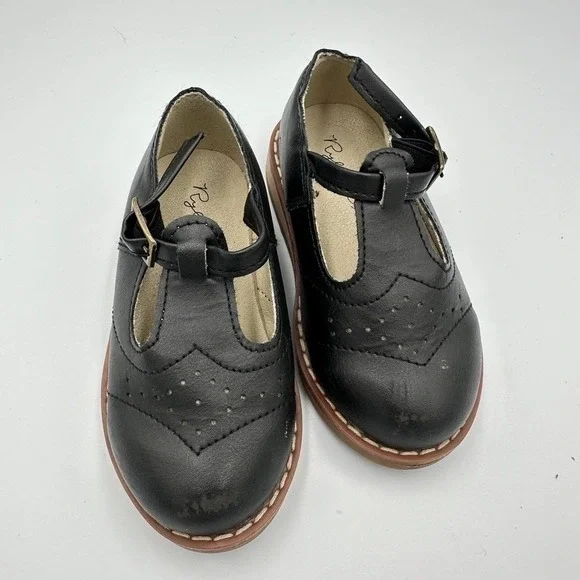 Rylee + Cru Black‎ Leather T Strap Wingtip Brogue Shoes Kids Size 7 Toddler