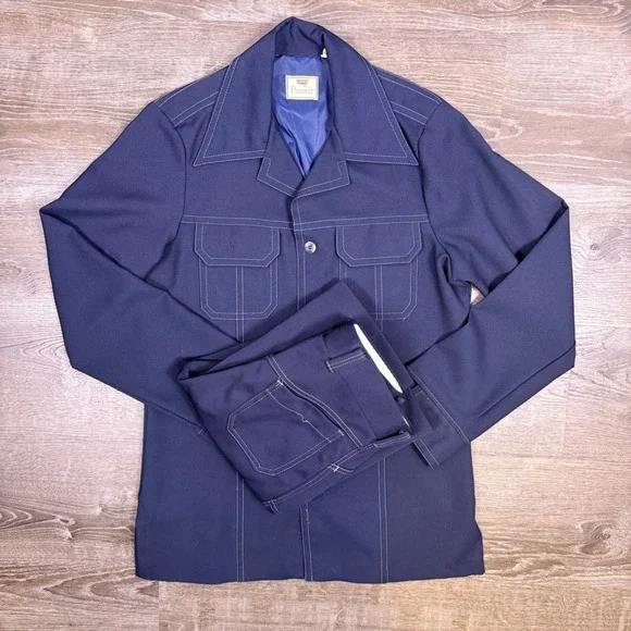 VTG 70s Levis Panatela Leisure Suit Mens L Tall Blue Disco Rockabilly Western