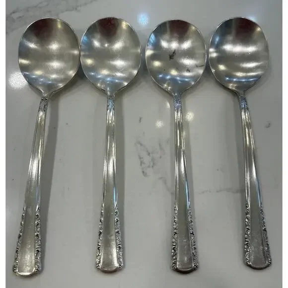 Vtg Set Of 4‎ Holmes & Edwards May Queen Soup Spoons 7” Silverplate Inlaid IS