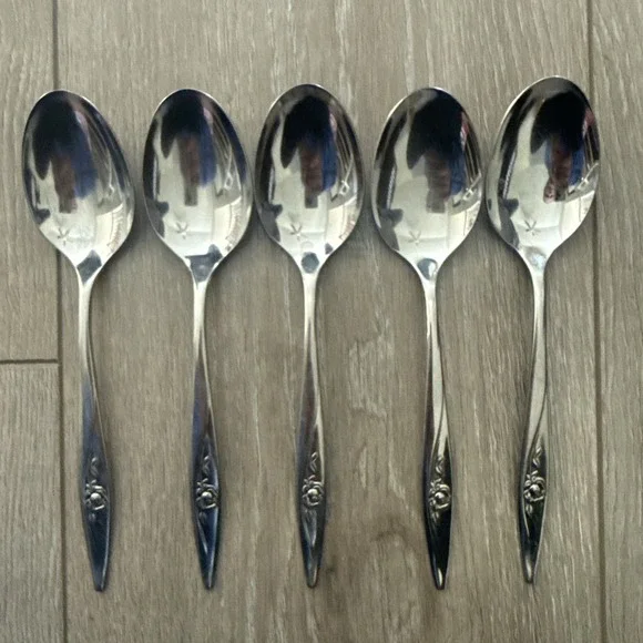 Set of 5 MY ROSE by Oneida‎ Glossy Stainless Flatware Oval Place Spoons Vintage