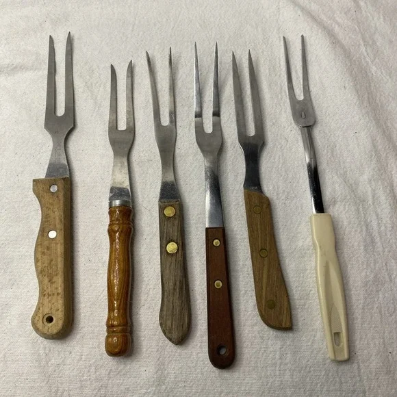 Lot Of 6 Vintage Meat Forks Japan Taiwan Stainless Steel Wooden Handle