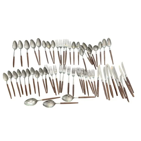 Ekco Eterna Canoe Muffin Flatware Set Mid Century Modern Wood Handle Japan 60pc