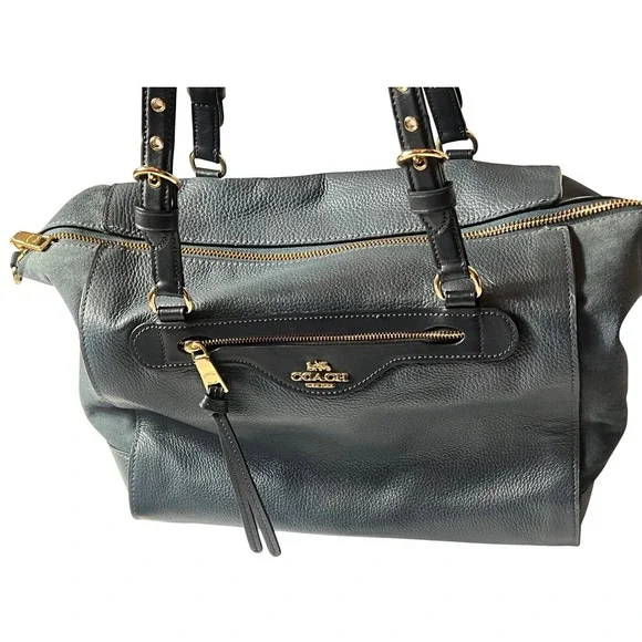 Coach Kleo Carryall Bag Teal‎ and Navy Blue Pebbled Leather Suede Handbag