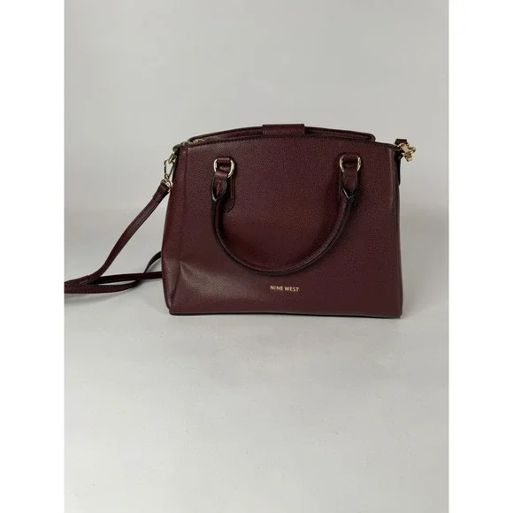 Nine West Burgundy Pebbled Faux Leather Satchel Crossbody Bag Gold‎ Hardware