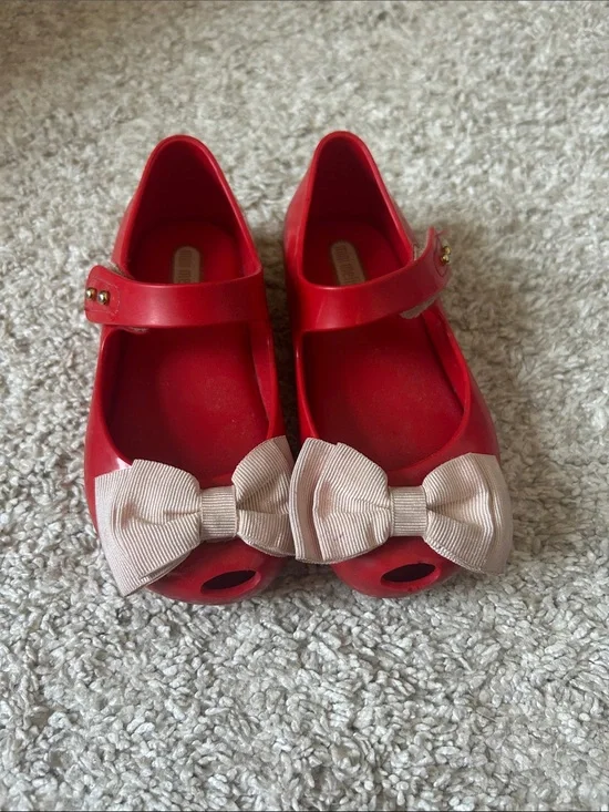 Mini Melissa Red Mary Jane Flats with Pale Pink Bows