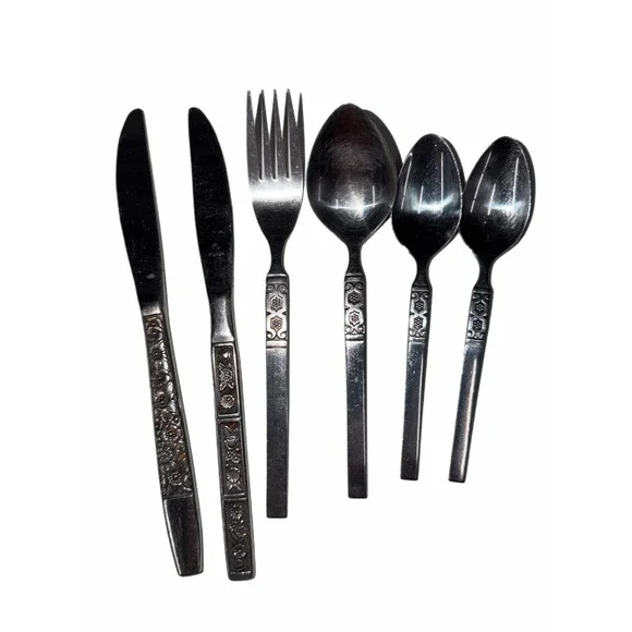 Northland Stainless Korea Flatware Set 6pc Mixed Floral Geometric Vintage Silver