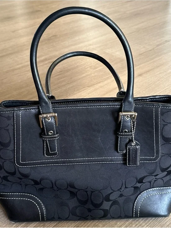 Coach Black Signature Satchel with Leather Trim and Top Handles