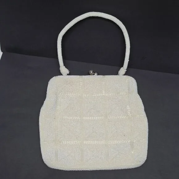 Vintage Debbie Ivory Beaded Purse Handmade In Japan Rhinestone Kisslock Wedding