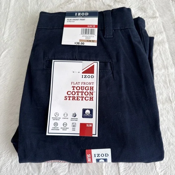 Boys Izod Navy Adjustable Waist Flat Front School Uniform Pants 12 Slim New