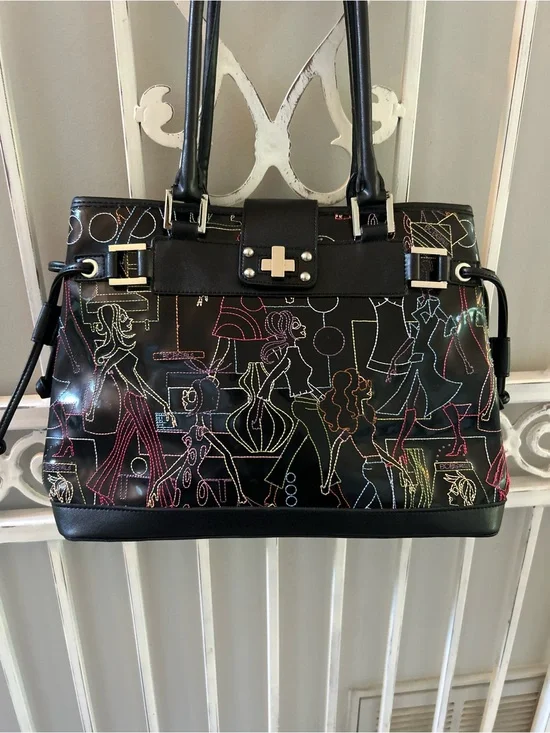 Black Glossy Multicolor Stitch Tote Bag