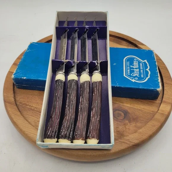 Set Of‎ 4 Retro Hollow Ground Faux Antler Handle Steak Knives In Original Box