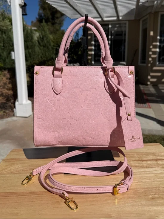 NEW LV Print Baby Pink Embossed Monogram OnTheGo Satchel Top Handle Bag Handbag