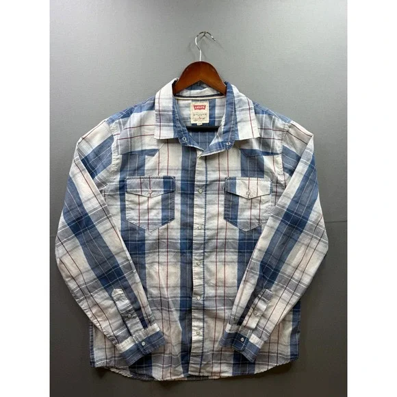 Levi Strauss Western Shirt Mens Blue White Plaid Pearl Snap Modern Large