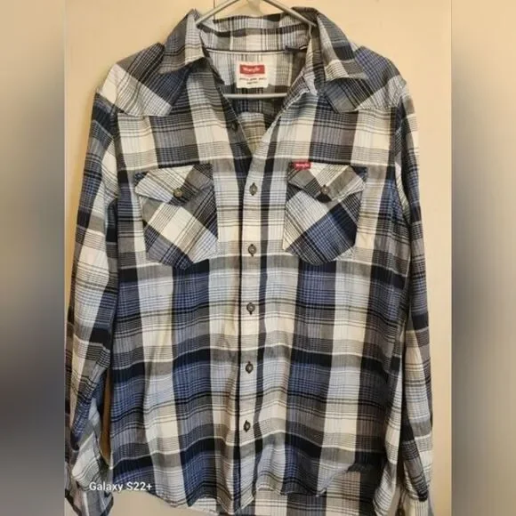 M38 Wrangler Blue, Black & White Plaid Western Shirt Button Up Long Sleeved