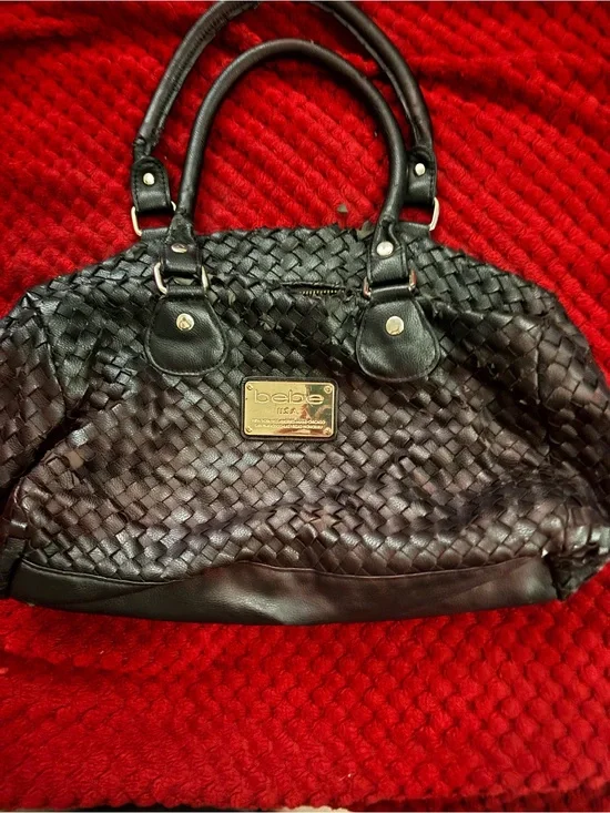bebe Black Woven Leather Satchel with Gold Plaque