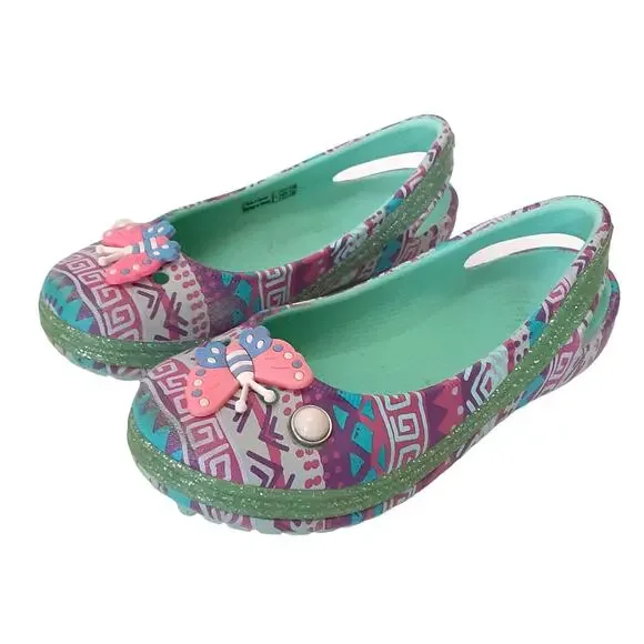 Crocs Genna II Ballet Flats Glitter Sparkle Slingback Dress Shoe Girls 11 Green
