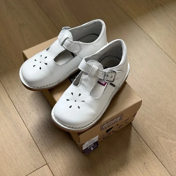 White Kids T-Strap Leather Shoes