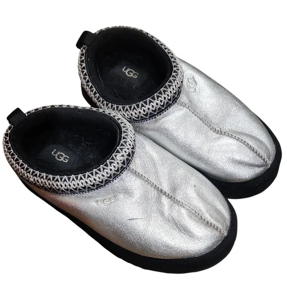 UGG Tazz‎ Tasman Leather Silver Black Metallic Slipper Slide Shearling Shoe 2