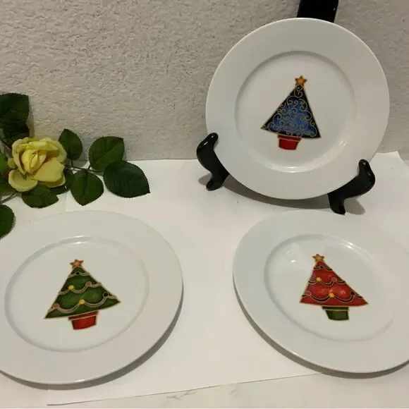 Fitz and Floyd Gourmet O' Christmas Tree Set of 3 Dessert Plates Holiday 8