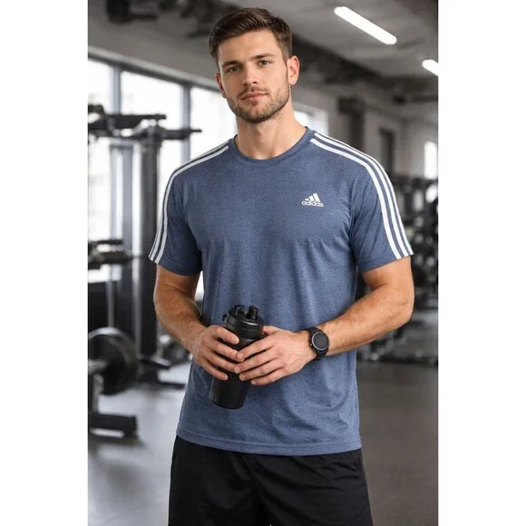 Adidas Climalite 3-Stripe Performance T-Shirt Mens Large Steel Blue Athletic Tee