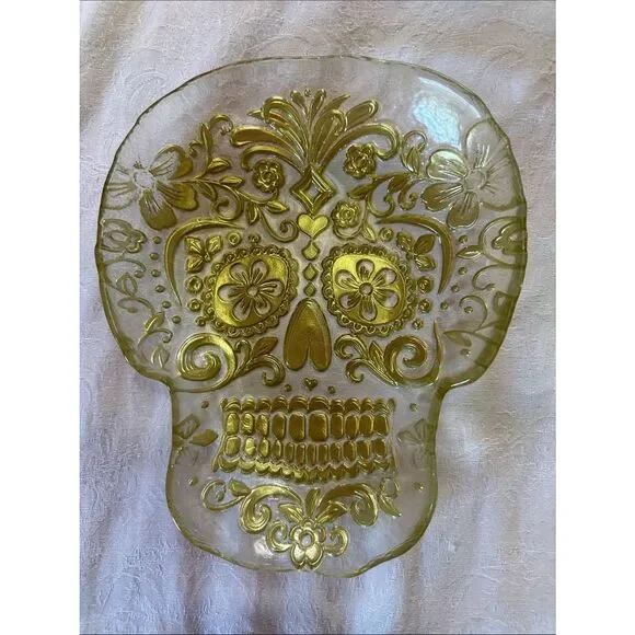 Sugar Skull Art Dish Gold Decorative Glass Serveware
